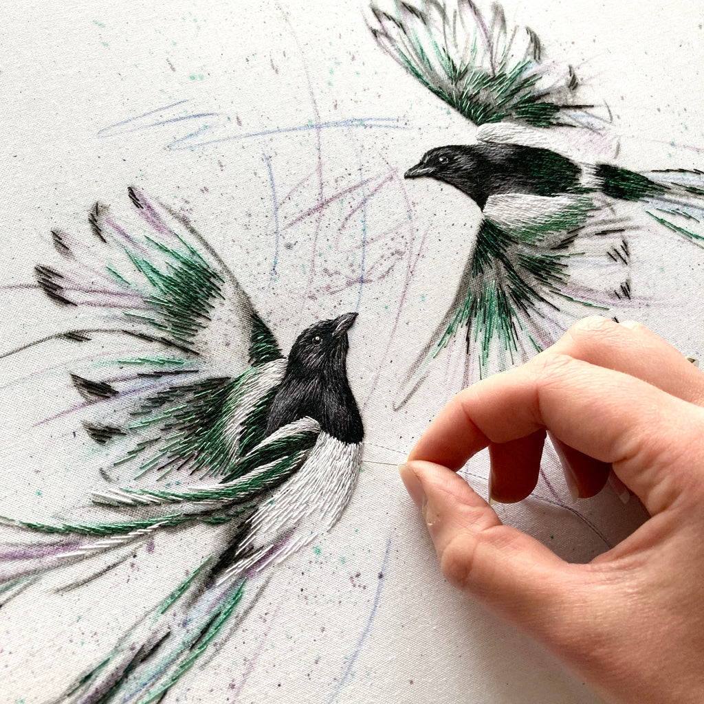 Colour In Flight - Mischievous Magpies. Original Hand Embroidery