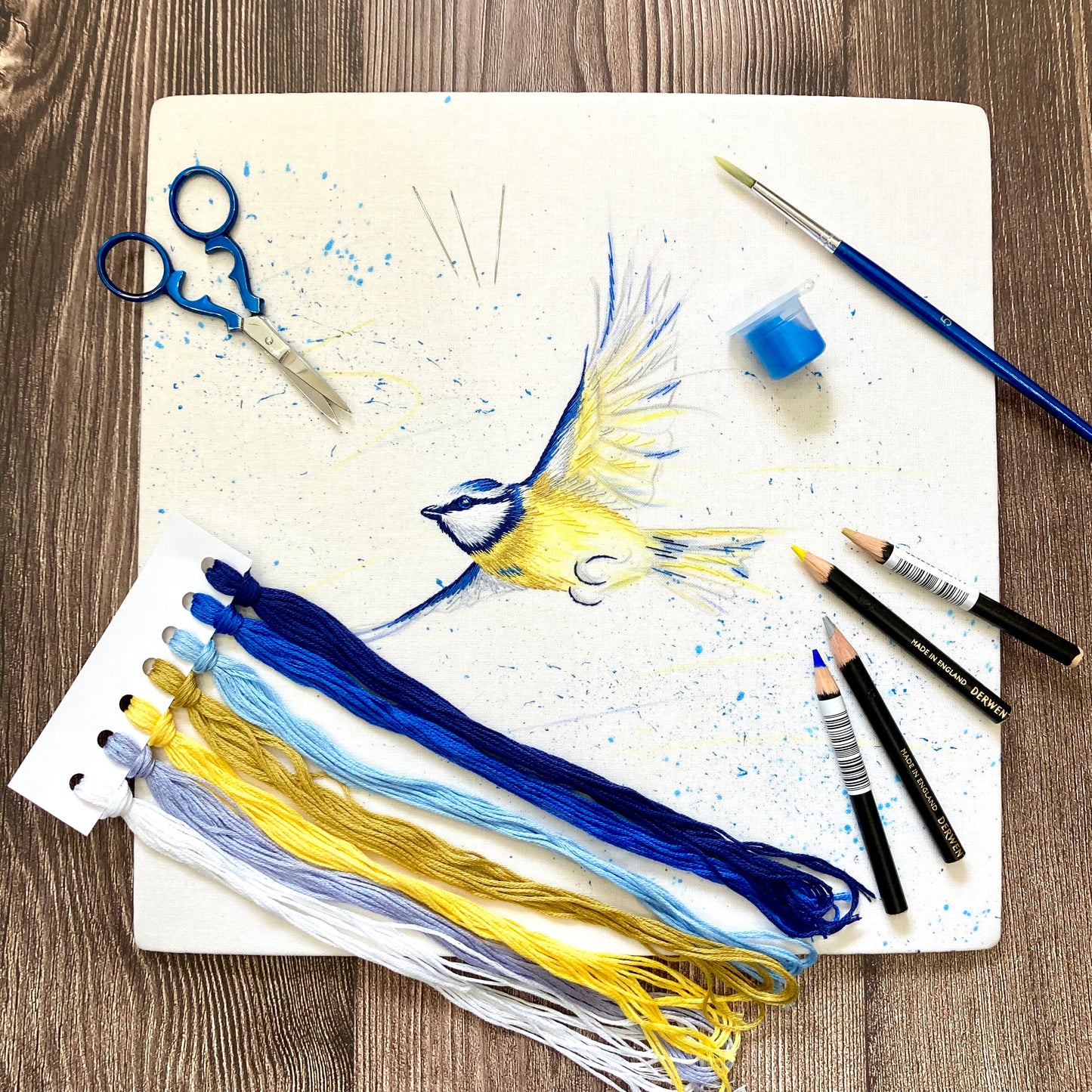 Colour In Flight Bluetit - Combining Paint With Stitch