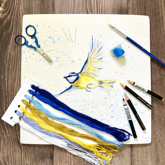 Colour In Flight Bluetit - Combining Paint With Stitch