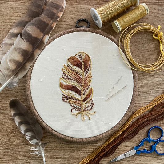 17th Nov Metal Thread Hand Embroidery - Tawny Owl Feather - Wells, Somerset