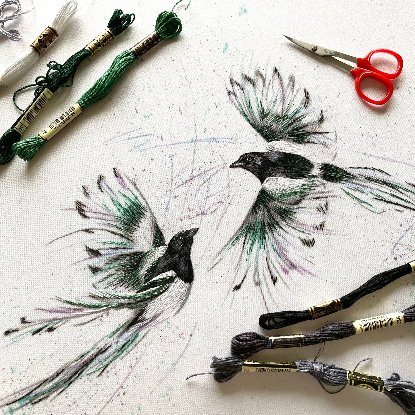 Colour In Flight - Mischievous Magpies. Original Hand Embroidery